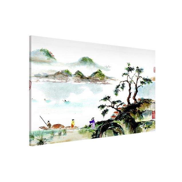 decoraçao para parede de cozinha Japanese Watercolour Drawing Lake And Mountains
