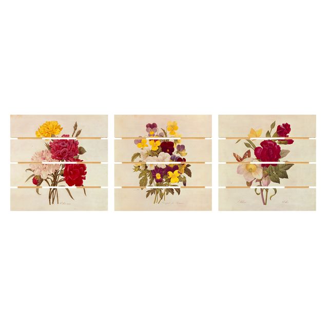 Quadros em madeira vintage Pierre Joseph Redouté - Roses Cloves Pansies