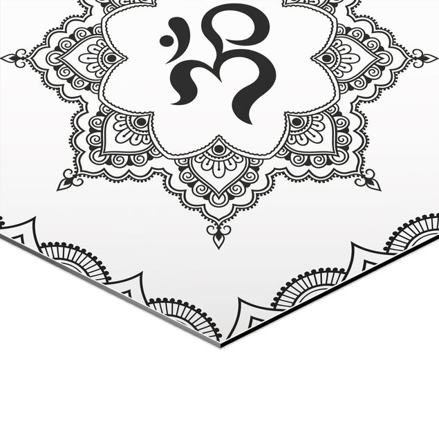 Quadros hexagonais Hamsa Hand Lotus OM Illustration Set Black And White