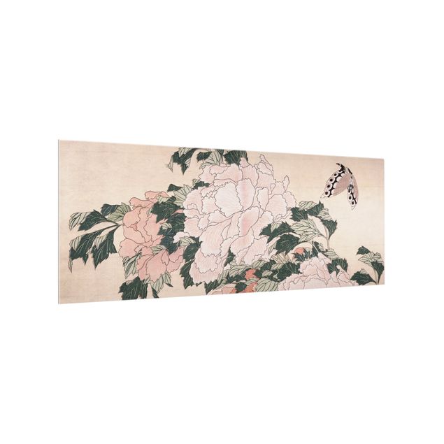 Painel anti-salpicos de cozinha flores Katsushika Hokusai - Pink Peonies With Butterfly