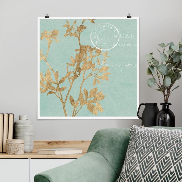 Posters flores Golden Leaves On Turquoise I