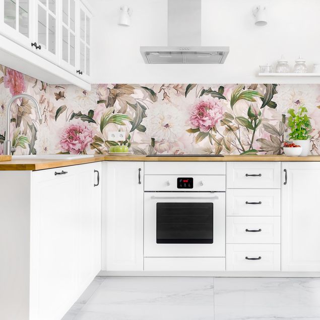 Backsplash de cozinha flores Illustrated Peonies In Light Pink
