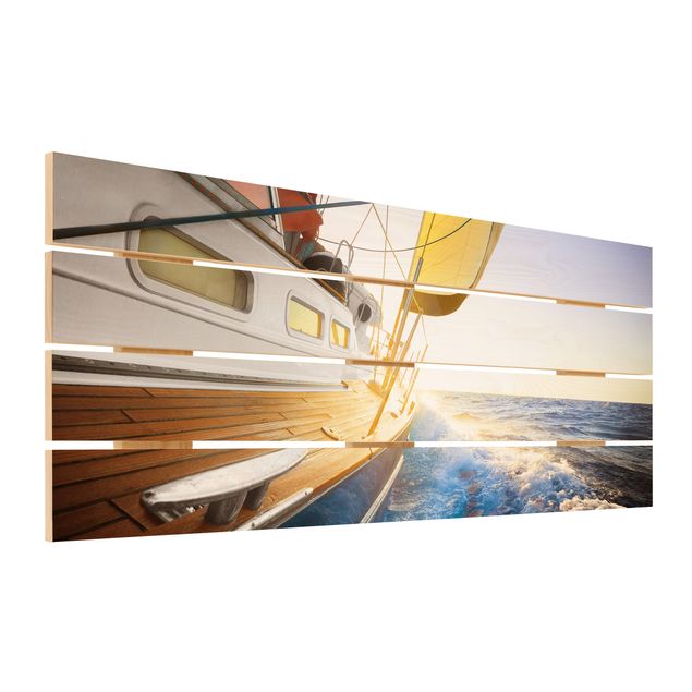 quadros em madeira para decoração Sailboat On Blue Ocean In Sunshine