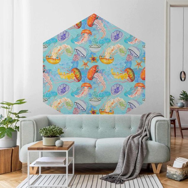 Papel de parede padrões Colourful Jellyfish On Blue