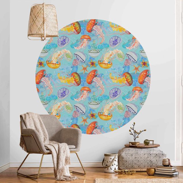 papel de parede moderno para sala Colourful Jellyfish On Blue