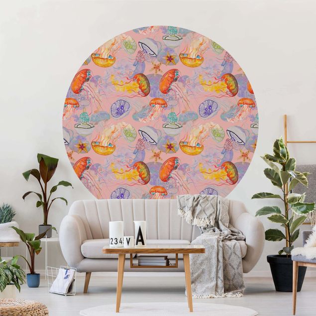 papel de parede moderno Colourful Jellyfish On Pink
