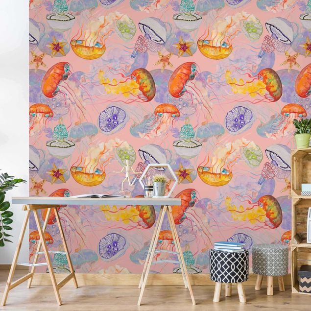 papel de parede para quarto de casal moderno Colourful Jellyfish On Pink