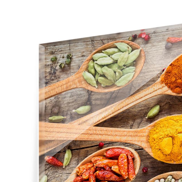 Painel anti-salpicos de cozinha Spices On Wooden Spoon