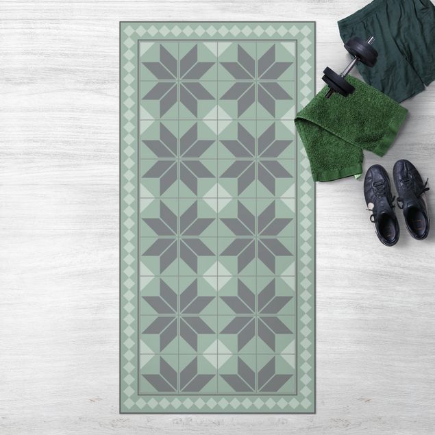 Tapetes exteriores Geometrical Tiles Star Flower Mint Green Shade With Narrow Border