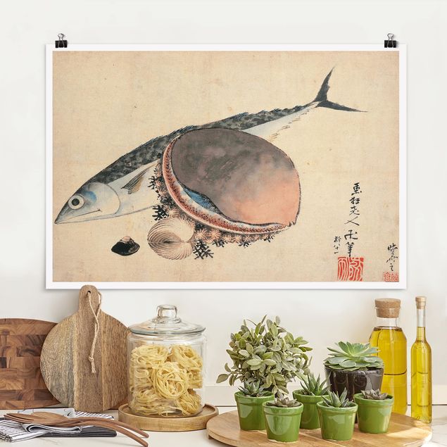 decoraçao para parede de cozinha Katsushika Hokusai - Mackerel and Sea Shells