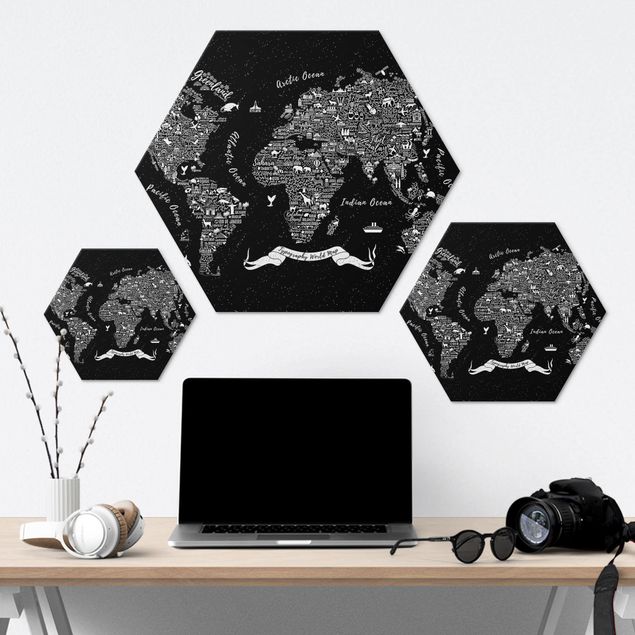 Quadros hexagonais Typography World Map Black