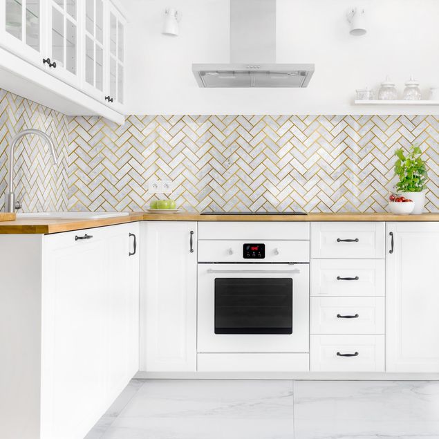 Backsplash de cozinha imitação azulejos Marble Fish Bone Tiles - Light Greyish Gold