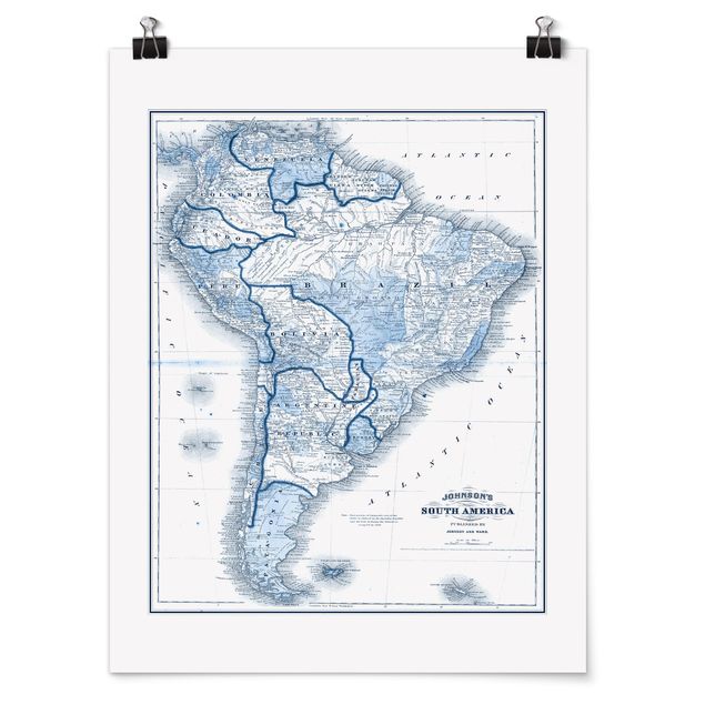 quadros decorativos para sala modernos Map In Blue Tones - South America
