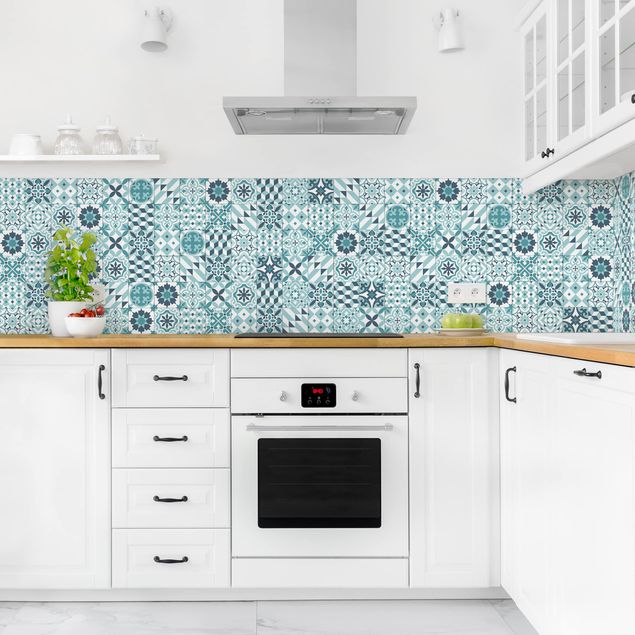 Backsplash de cozinha imitação azulejos Geometrical Tile Mix Turquoise