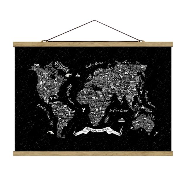 Quadros modernos Typography World Map Black