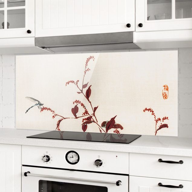 decoraçoes cozinha Asian Vintage Drawing Red Branch With Dragonfly