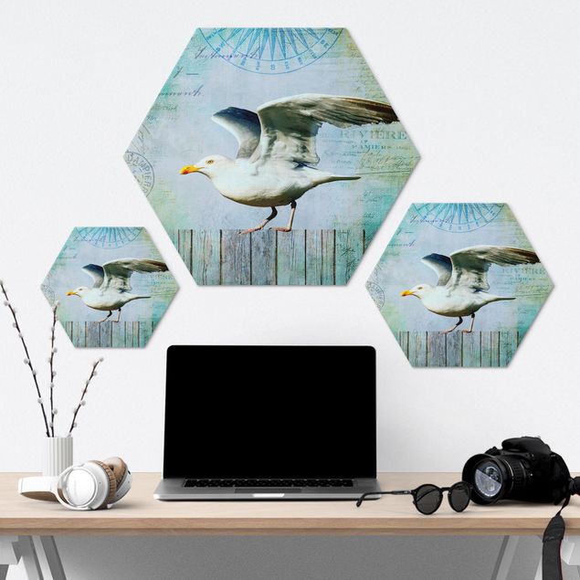 Quadros hexagonais Vintage Collage - Seagull On Wooden Planks