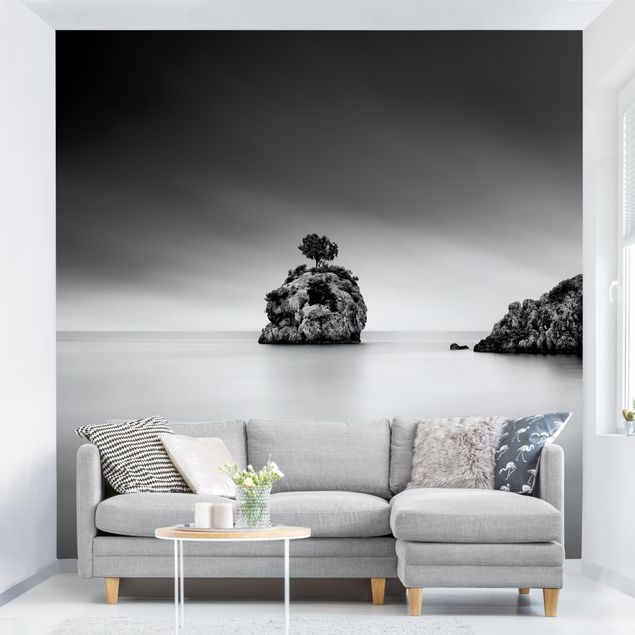 decoraçao para parede de cozinha Rocky Island In The Sea Black And White