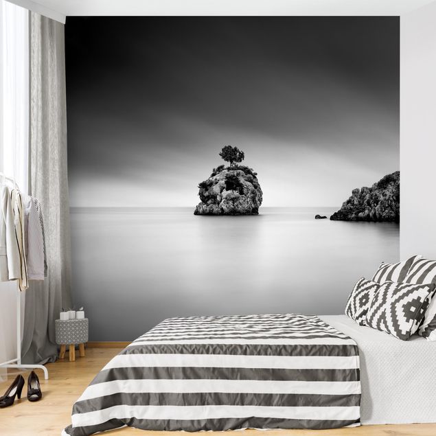 Papel de parede praia Rocky Island In The Sea Black And White