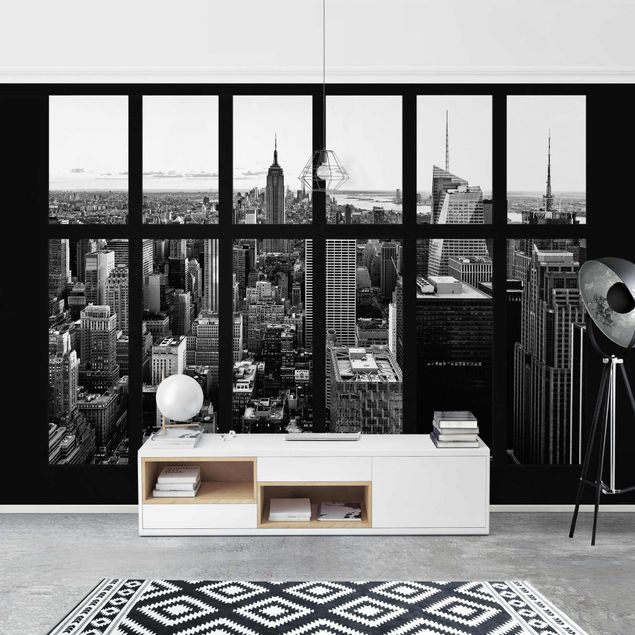 papel de parede para quarto de casal 3d Window Manhattan Skyline Black And White