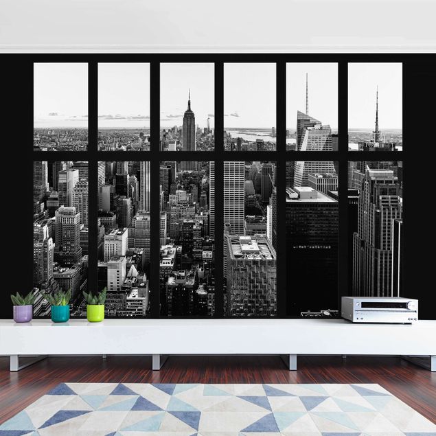 papel de parede para quarto de casal moderno Window Manhattan Skyline Black And White
