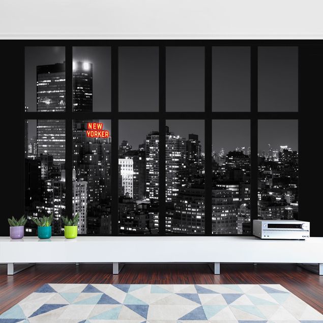 papel de parede moderno para sala Window New York Night Skyline