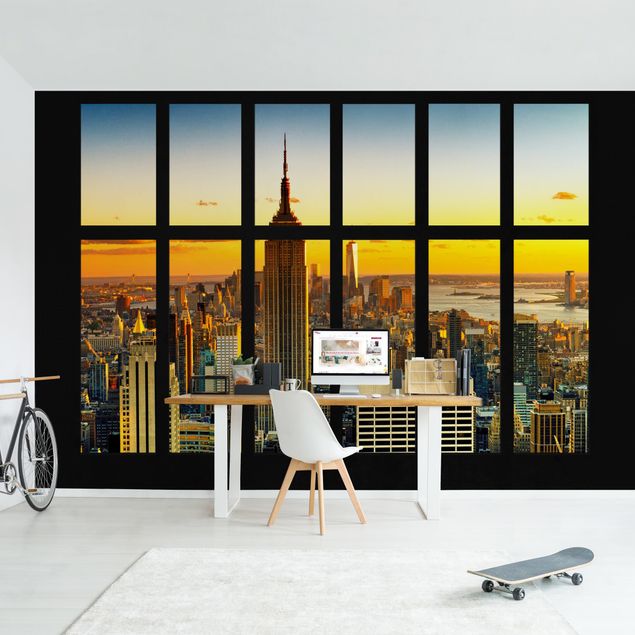 papel de parede ny Window View Manhattan Skyline Sunset