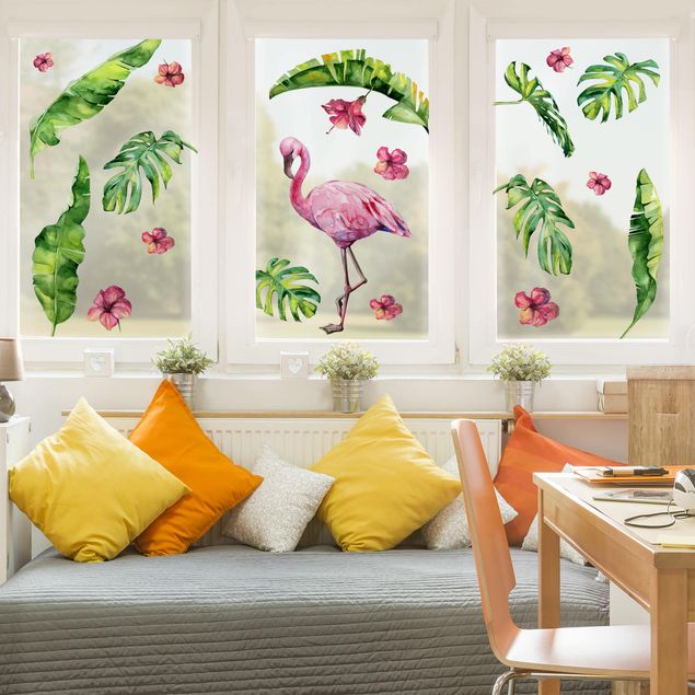 Autocolantes para vidros flores Jungle Flamingo Leaves Set