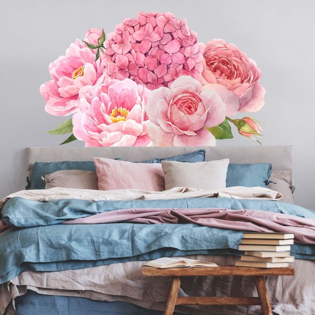 Autocolantes de parede flores Watercolour Hydrangea Rose Bouquet XXL