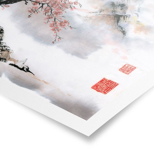Posters flores Japanese Watercolour Drawing Cherry Tree And Mountains