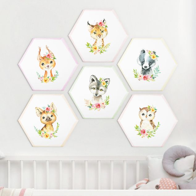 decoração quarto bebé Watercolour Forest Animals With Flowers Set V