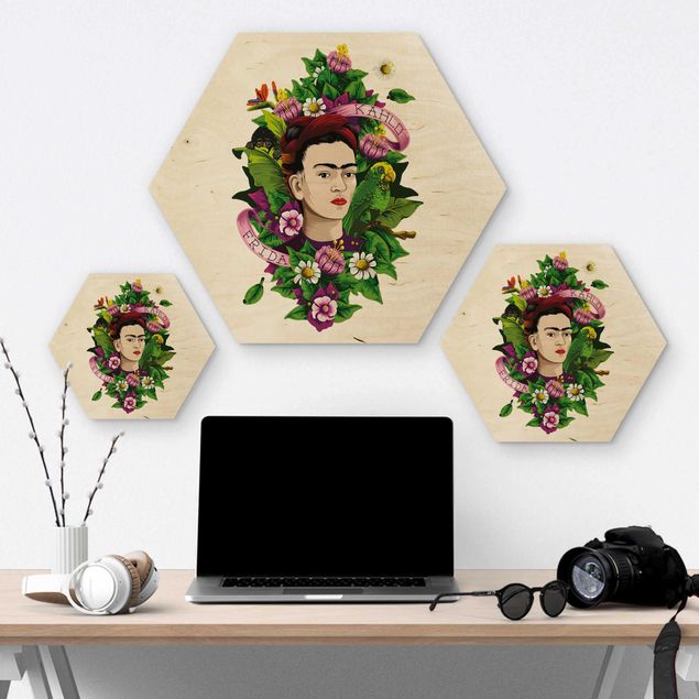 Quadros hexagonais Frida Kahlo - Frida, Monkey And Parrot