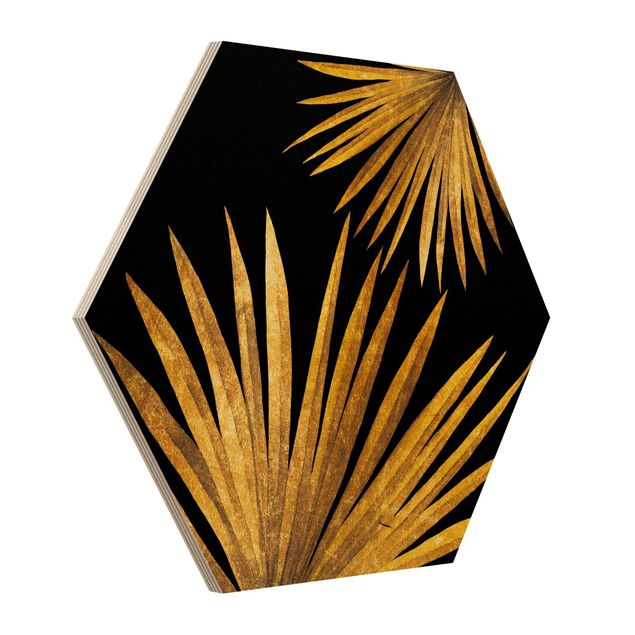 quadro de madeira para parede Gold - Palm Leaf On Black