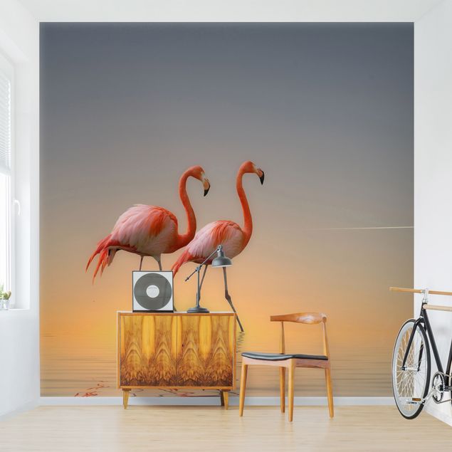 Papel de parede pôr-do-sol Flamingo Love