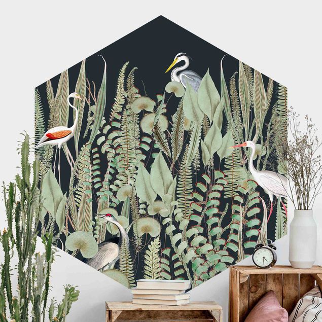 Papel de parede flamingo Flamingo And Stork With Plants On Green