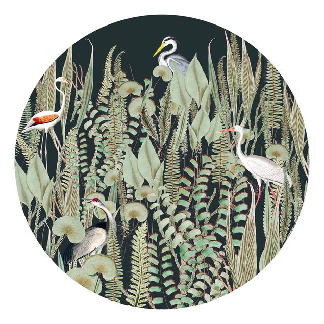 Papel de parede vintage Flamingo And Stork With Plants On Green