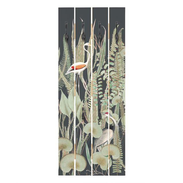 Cabides de parede em verde Flamingo And Stork With Plants On Green