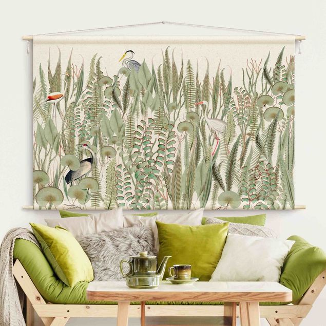 Tapeçaria de parede moderna Flamingo And Stork With Plants