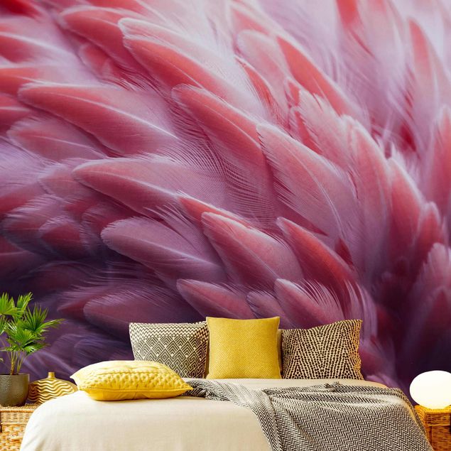 papel de parede moderno para sala Flamingo Feathers Close-Up