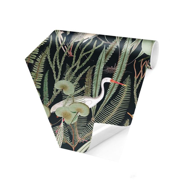 papel de parede moderno Flamingos And Storks With Plants On Green