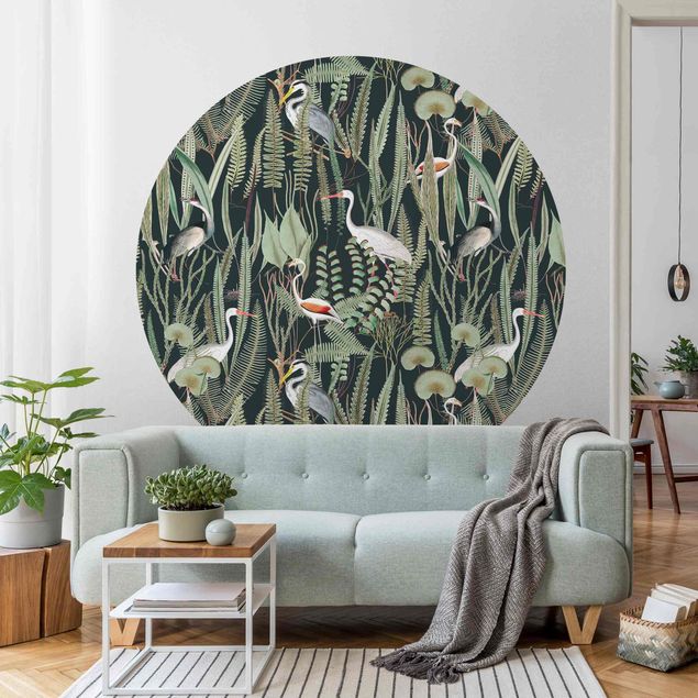 Papel de parede flamingo Flamingos And Storks With Plants On Green