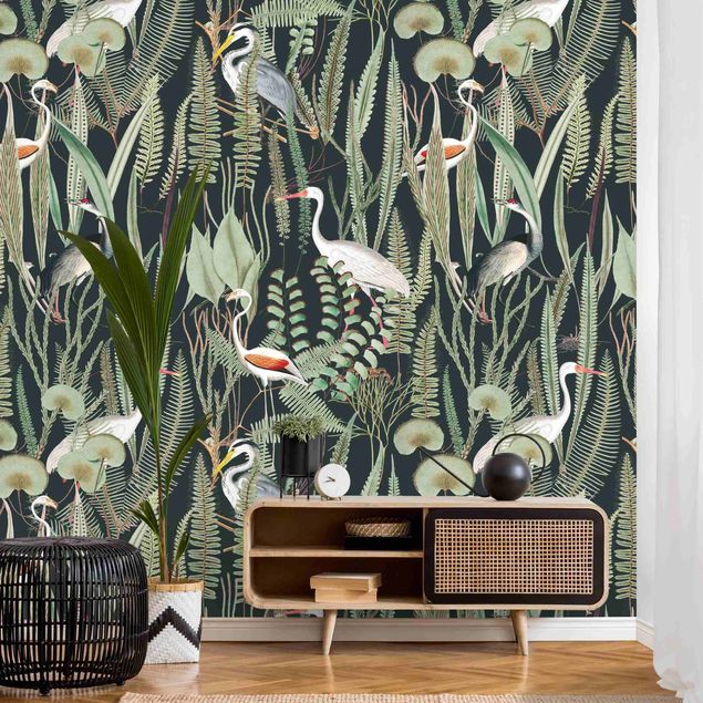 decoraçao para parede de cozinha Flamingos And Storks With Plants On Green