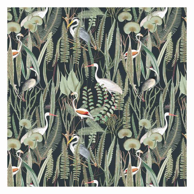papel de parede floral Flamingos And Storks With Plants On Green