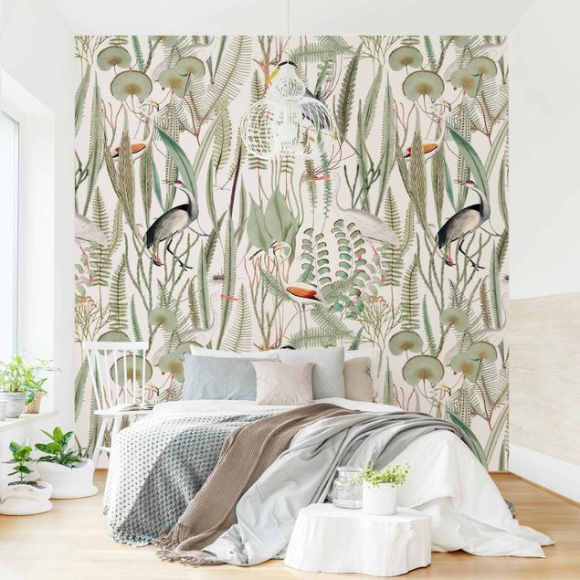 Papel de parede padrões Flamingos And Storks With Plants