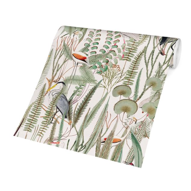 papel de parede moderno Flamingos And Storks With Plants