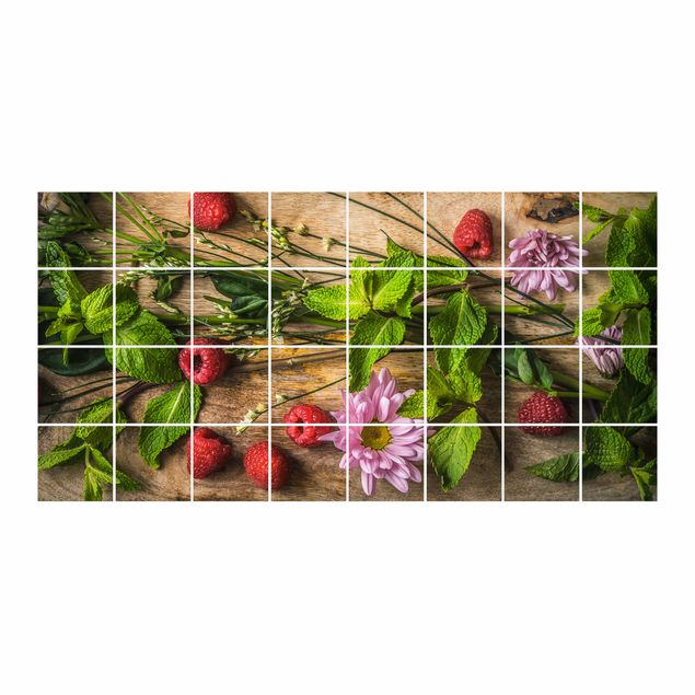 Películas para azulejos em vermelho Flowers Raspberries Mint