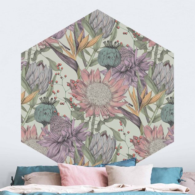 Papel de parede padrões Floral Elegance In Pastel On Mint Backdrop XXL
