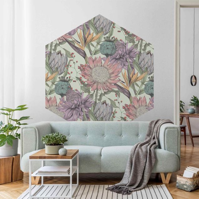 papel de parede moderno para sala Floral Elegance In Pastel On Mint Backdrop XXL