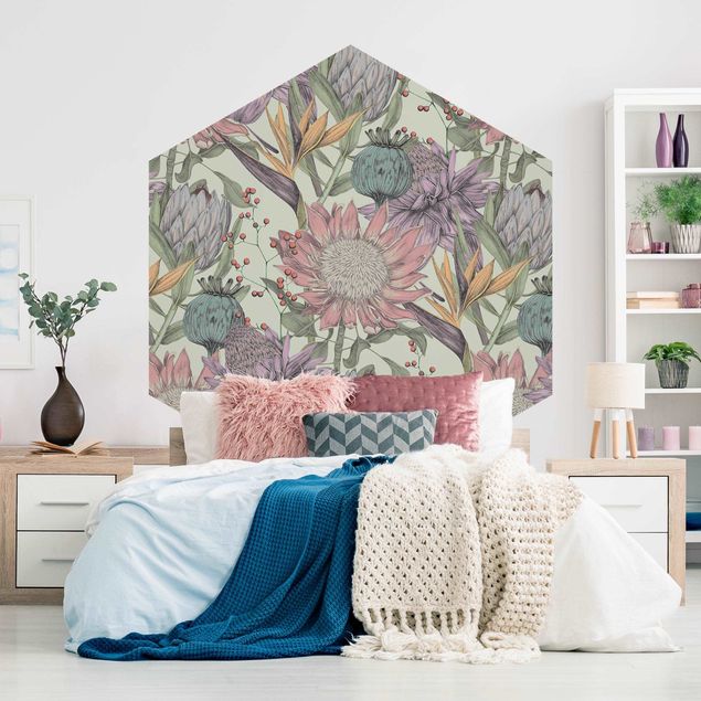 Papel de parede estilo rústico Floral Elegance In Pastel On Mint Backdrop XXL