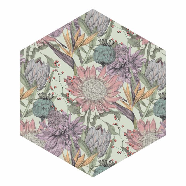 Papel de parede hexagonal Floral Elegance In Pastel On Mint Backdrop XXL